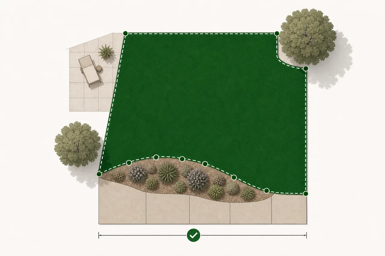 A traced lawn edge checked against a known driveway width, with a green confirmation mark