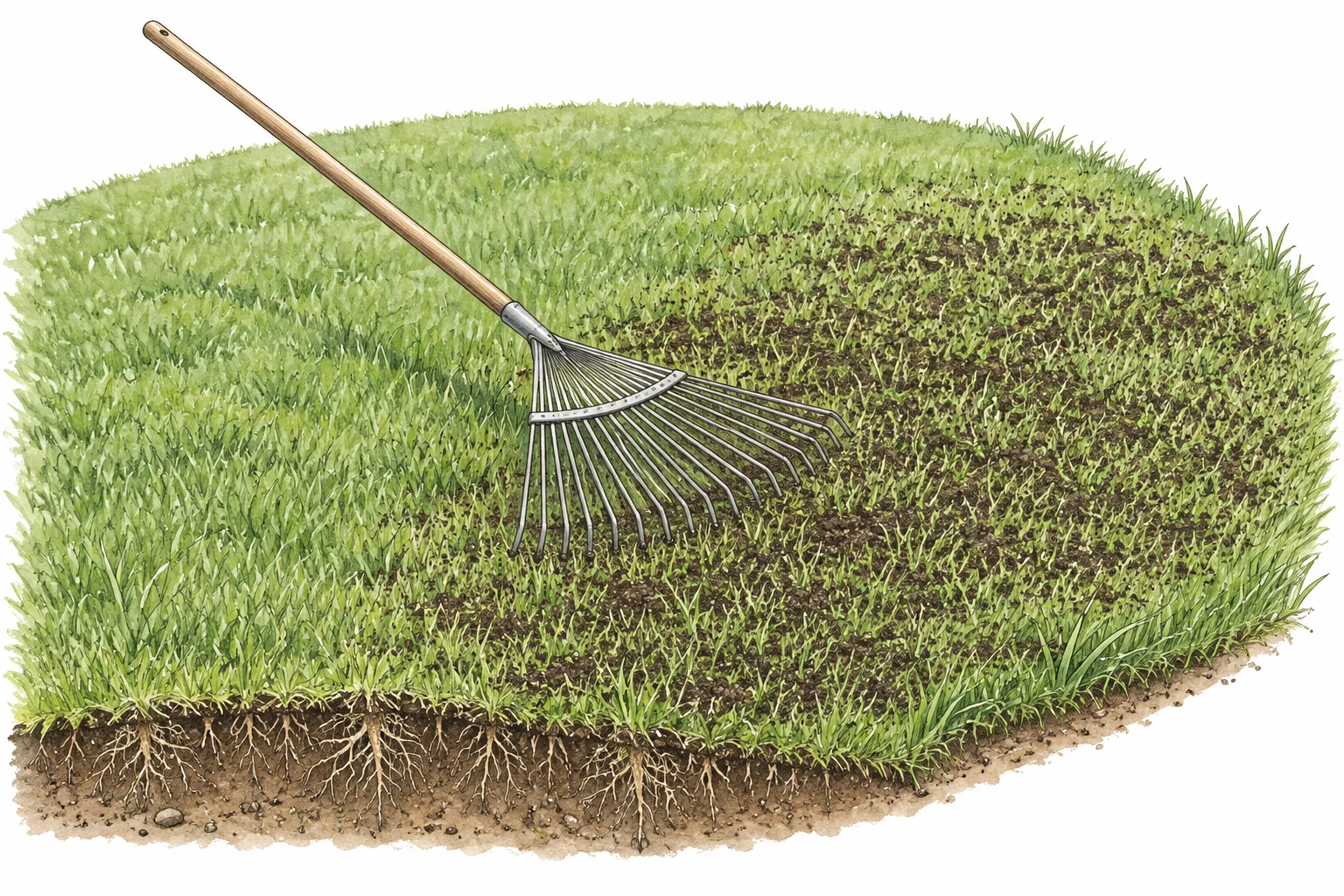 A fan rake works a light scattering of fine compost between short green grass blades, with roots visible at the front edge.