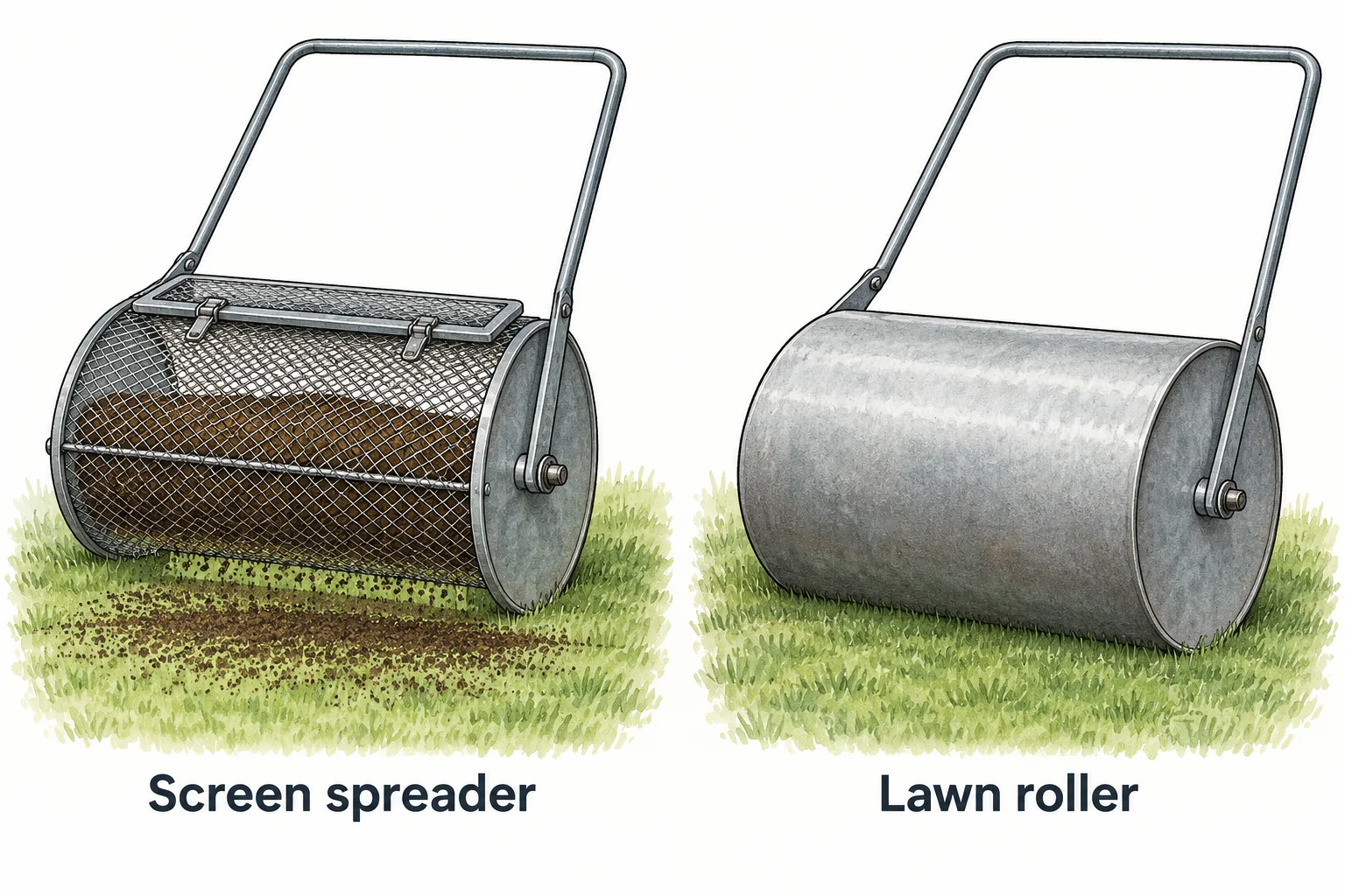 A mesh-drum compost spreader releases fine material onto grass; a solid lawn roller beside it has no openings.