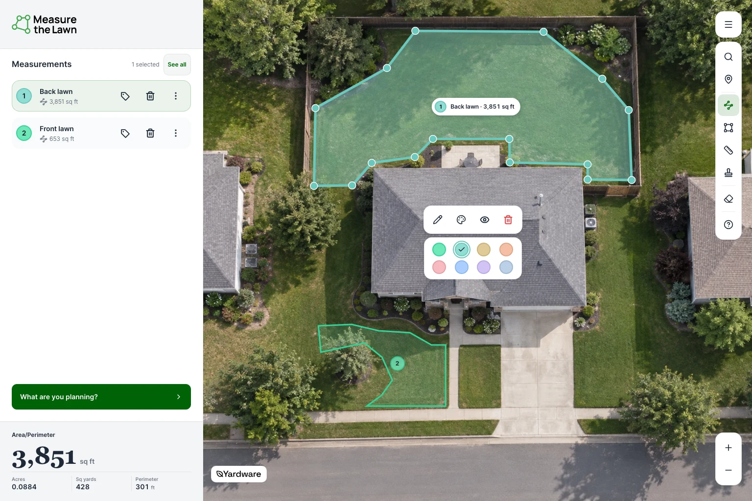 Fictional-property demonstration: named Front lawn and Back lawn measurements use different colors, with the color palette open.