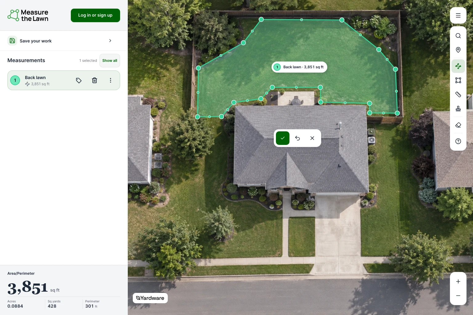Fictional-home demonstration: the Back lawn measurement is in point-editing mode, with smaller handles between its corner points.