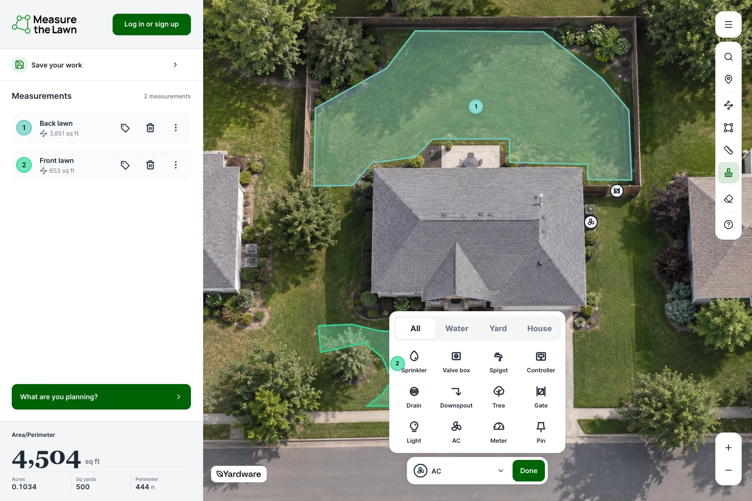 Fictional-home demonstration: Gate and AC Marks identify side-yard features, with the picker showing the available Mark icons.