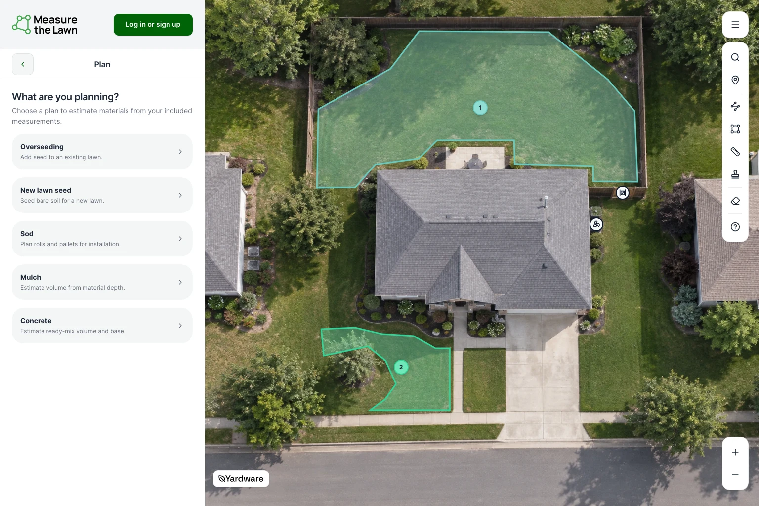 Fictional-home demonstration: five material plans—Overseeding, New lawn seed, Sod, Mulch, and Concrete—appear beside two lawn sections and Gate and AC Marks.