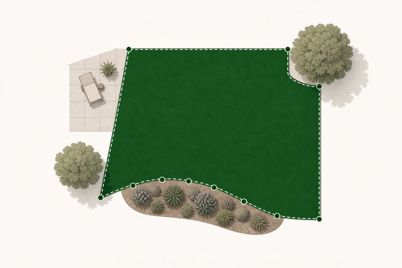 Irregular lawn traced with corner points along straight edges and additional points following a curved planting bed