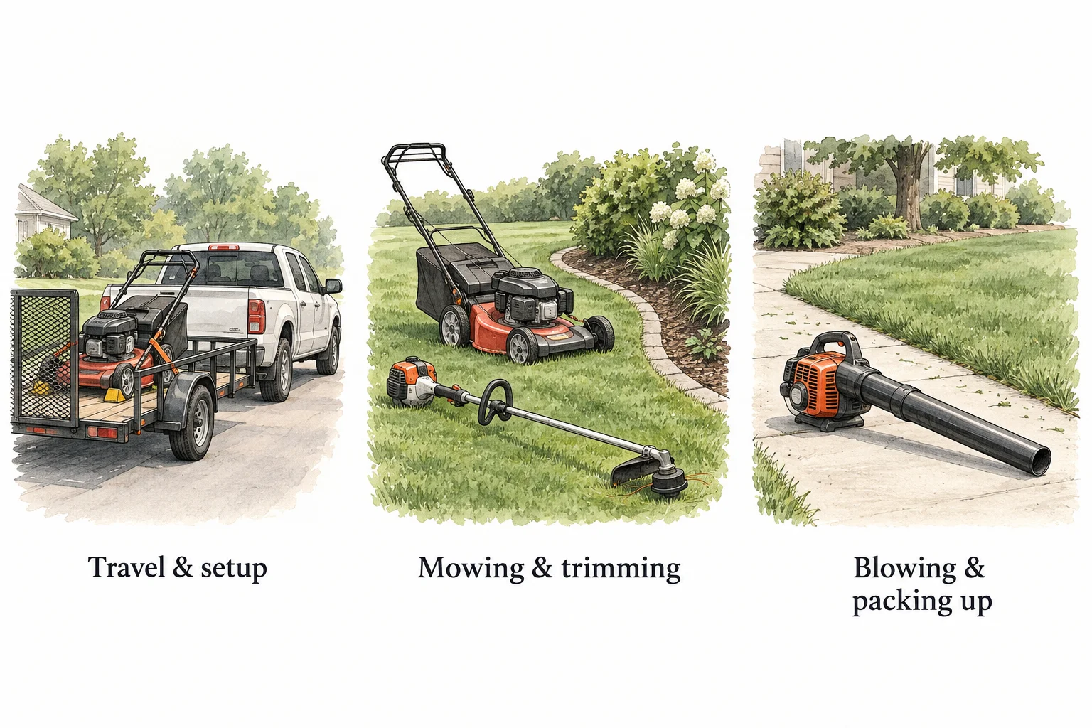 Three parts of a mowing visit: secured equipment on a trailer, a mower and trimmer beside a planting bed, and a blower beside a sidewalk.