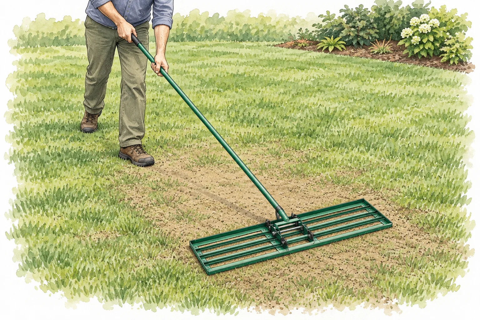A homeowner uses a wide, flat leveling rake to smooth a thin layer of soil across an intact lawn, with grass still showing through.