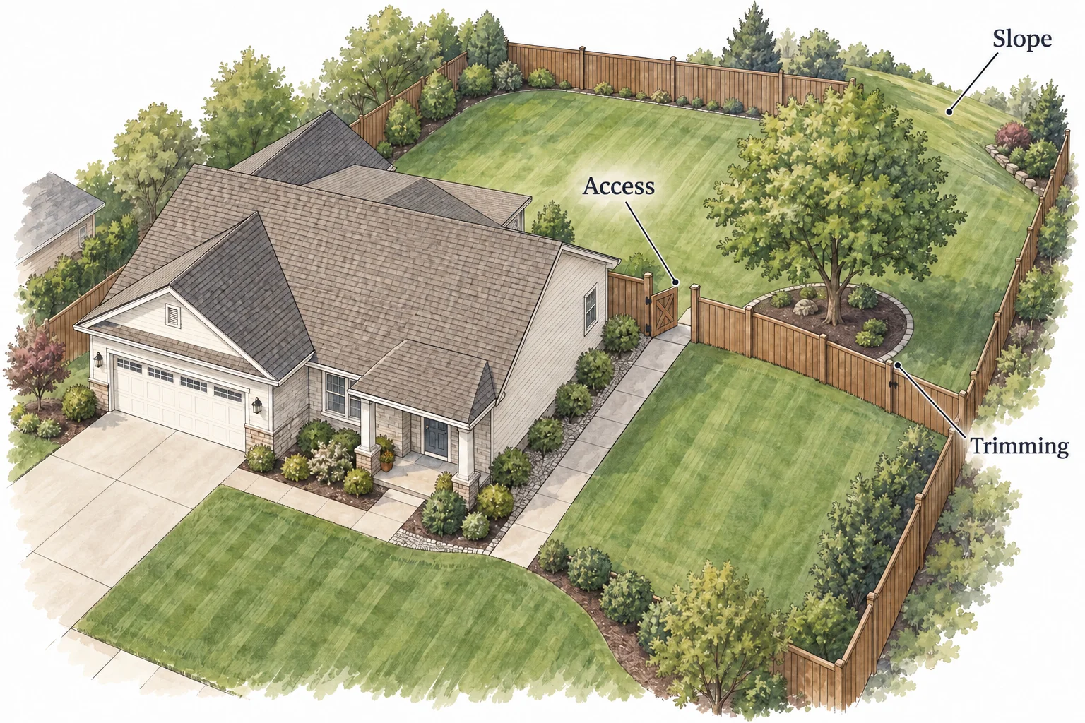 An overhead residential-yard illustration identifies the gate access route, a sloping back corner, and planting edges that need trimming.