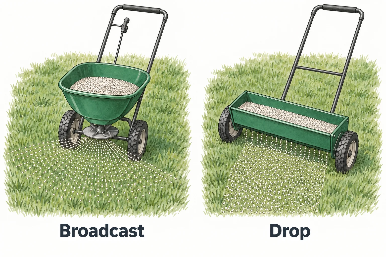 A broadcast spreader throws granules beyond its wheels, while a drop spreader releases a full-width band directly beneath its hopper.