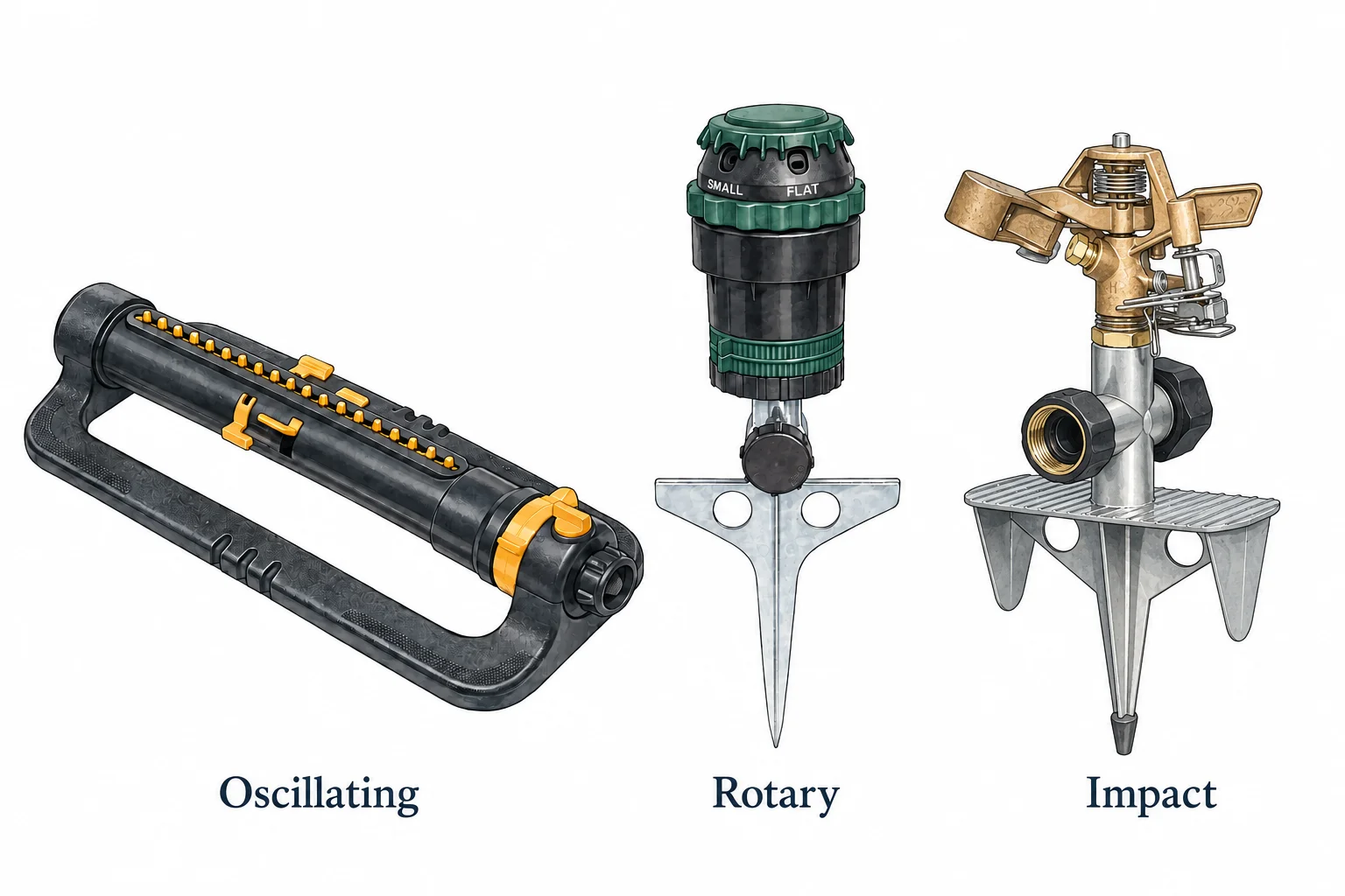 Three hose-end sprinkler types: an oscillating spray bar on a sled, an enclosed rotary head on a spike, and a brass impact sprinkler on a step spike with a hose connection.