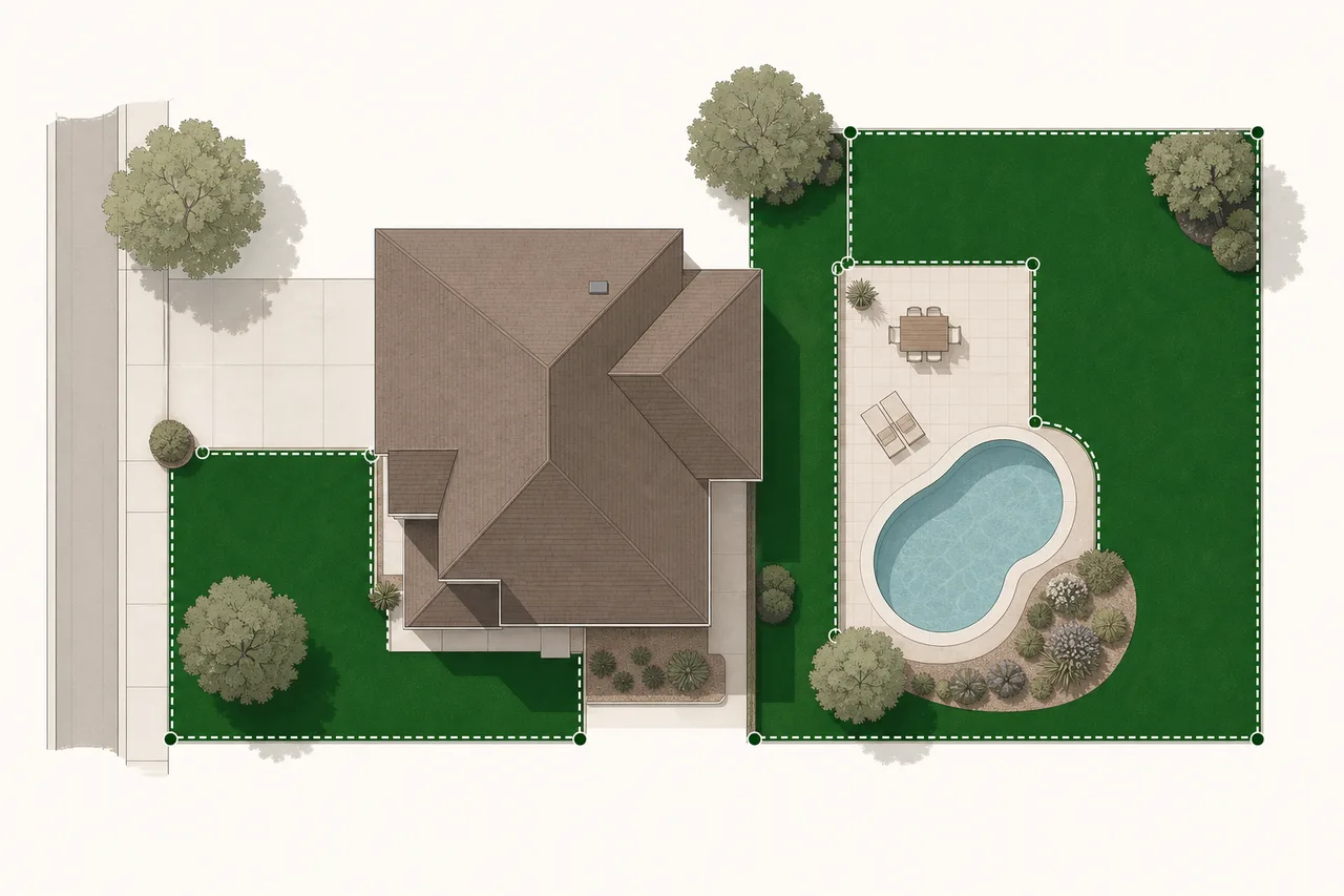Residential property with the front, side, and back lawns outlined while the house, driveway, patio, pool, and planting beds remain outside the measurement