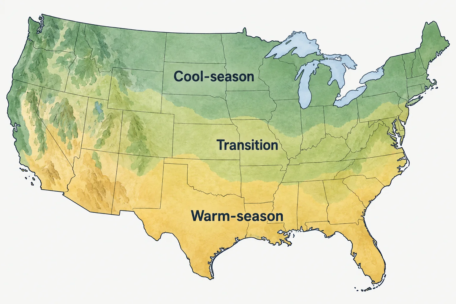 Illustrated contiguous United States with broad cool-season, transition, and warm-season grass regions. Regional choices and exceptions are explained below.