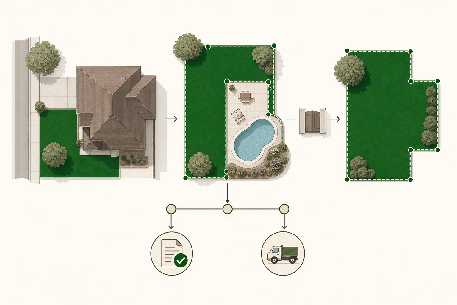 Remote lawn quote flow combining a mapped service area with customer answers before choosing a conditional quote or site visit