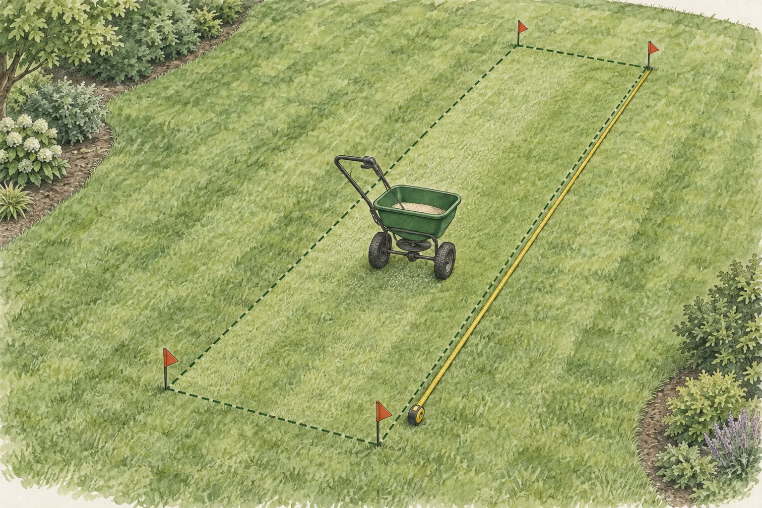 A broadcast spreader inside a lawn test strip marked with corner flags and a measuring tape.