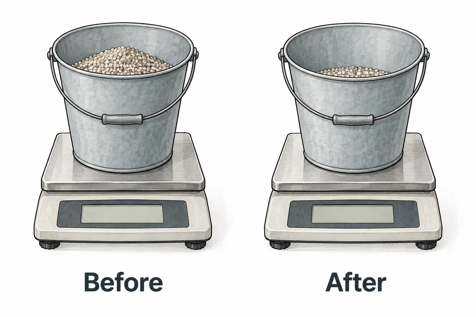 The same bucket on a scale before loading and after recovering the unused material; the second bucket holds less.